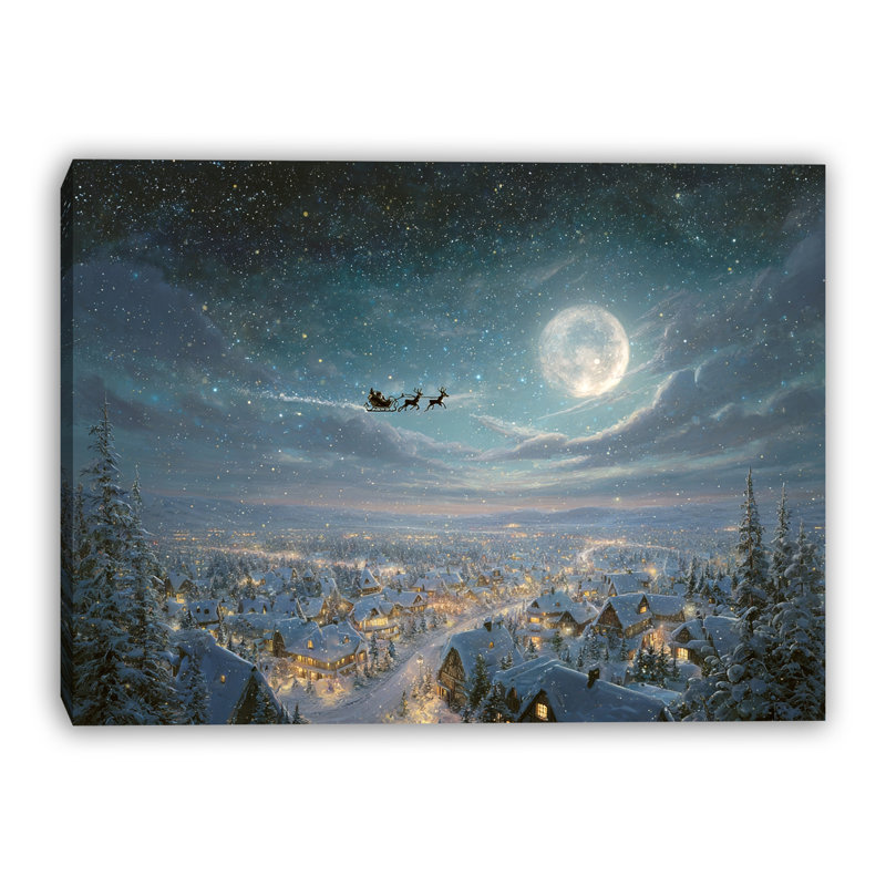 «Santa Flying Over Winter Village», art mural sur toile, 16 po x 24 po