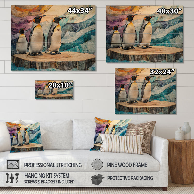 Famille de pingouins sur la diapositive II - Décoration murale en bois de pingouin - sur bois de pin naturel
