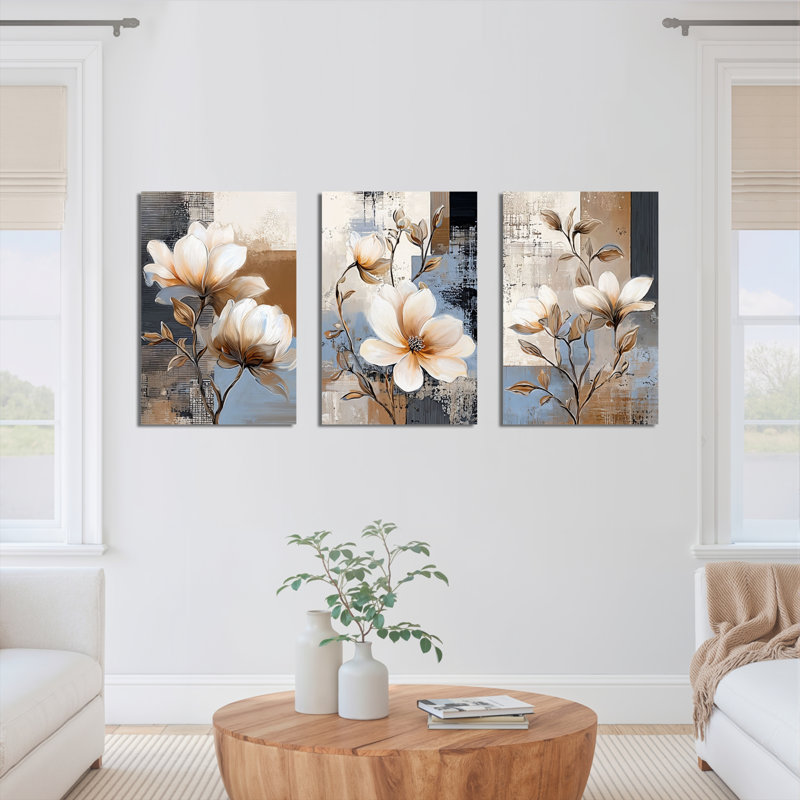 Tableau abstrait floral magnolia sur toile tendue (ensemble de 3), H 30 po x l 60 po