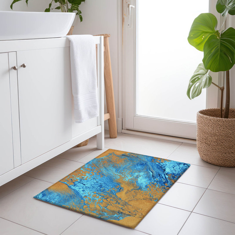 Premium Blue and Gold Abstract Rectangular Washable Rug