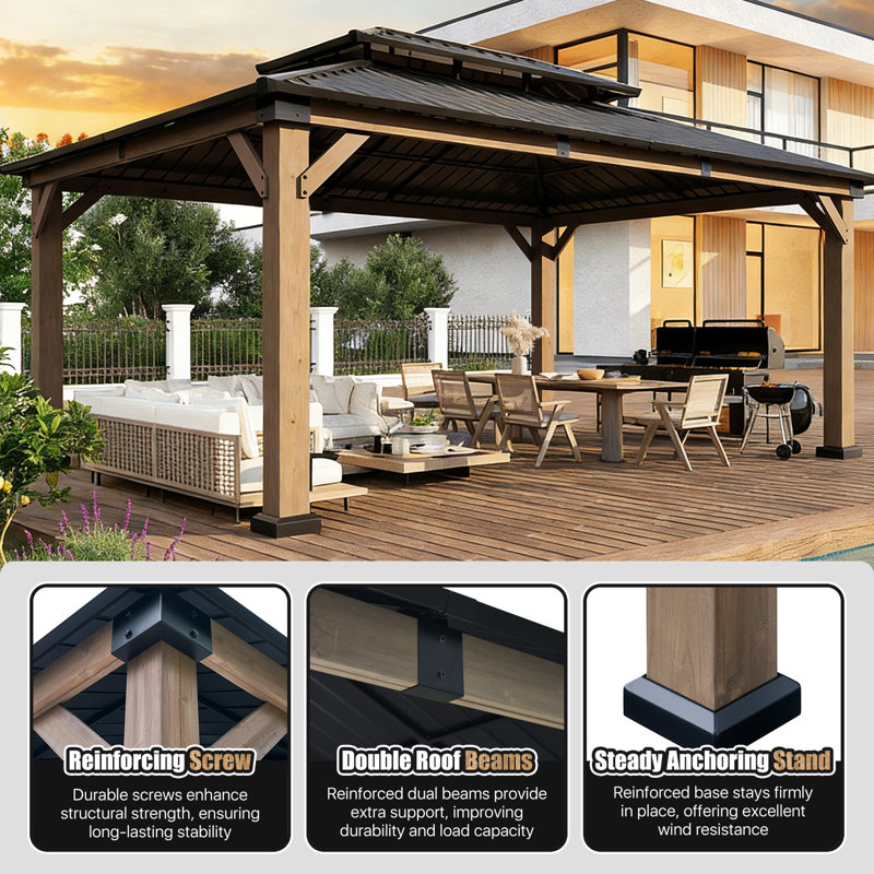 Jolydale Soild Wood Gazebo, Hardtop Gazebo With Galvanized Steel Double Roof, Suitable For Patios, Lawn And Backyard