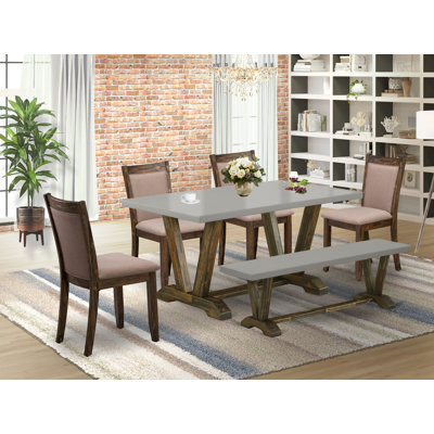 6-Pc Dining Room Table Set Contains a Cement Mid Century Table and Wooden Bench and 4 Coffee Linen Fabric Modern Chairs with High Back - Distressed Ja