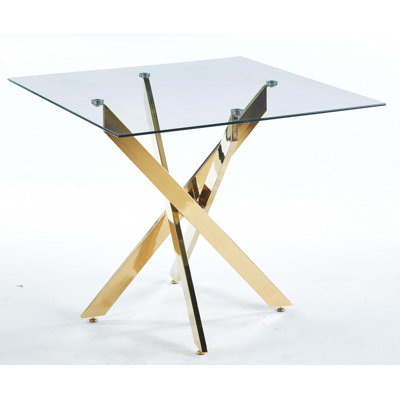 Table de salle à manger de luxe moderne carrée 35 po x 35 po avec pieds en métal, plateau en verre élégant, élégant et sophistiqué - doré
