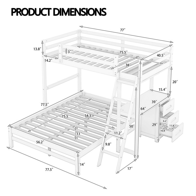 Twin Over Full Bunk Bed With Built-in Desk & 3 Drawers - Convertible Loft Bed With Storage & Study Space, Natural