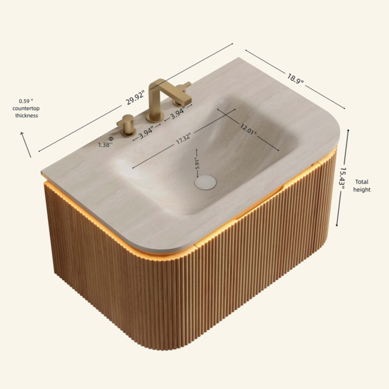 Meuble-lavabo de salle de bain et meuble-lavabo rayé à bords arrondis avec tiroir, lumière à capteur, lavabo intégré en pierre frittée à motif de travertin, pré-assemblé