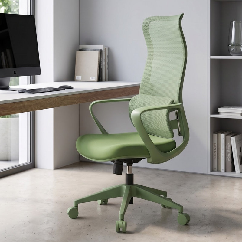 Chaise de bureau ergonomique en filet à haut dossier avec support lombaire réglable, pivotant à 360 degrés, Vert, Vert