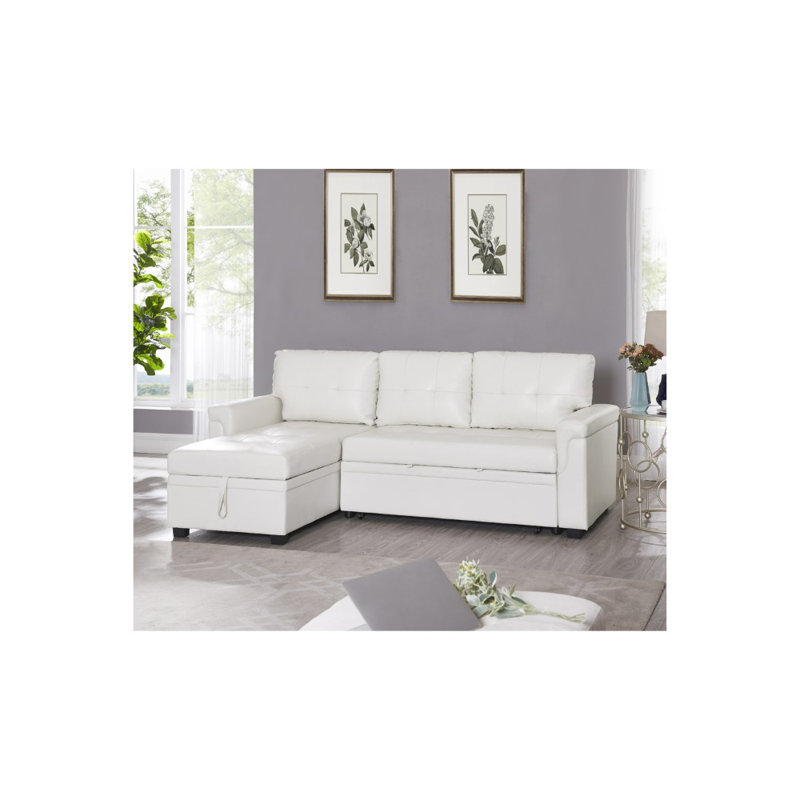 Rahjan L-Shaped Sectional Sleeper Sofa – Reversible Couch with Storage, White Faux Leather