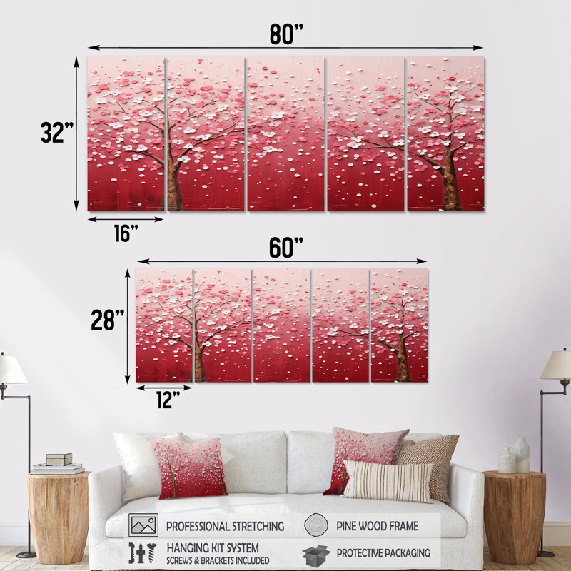 «Rose and White Cherry Blossom Tree I», art mural 5 pièces, H 28 po x l 60 po