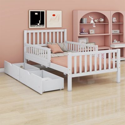 Wood Platform Bed With Guardrails On Both Sides And Drawers