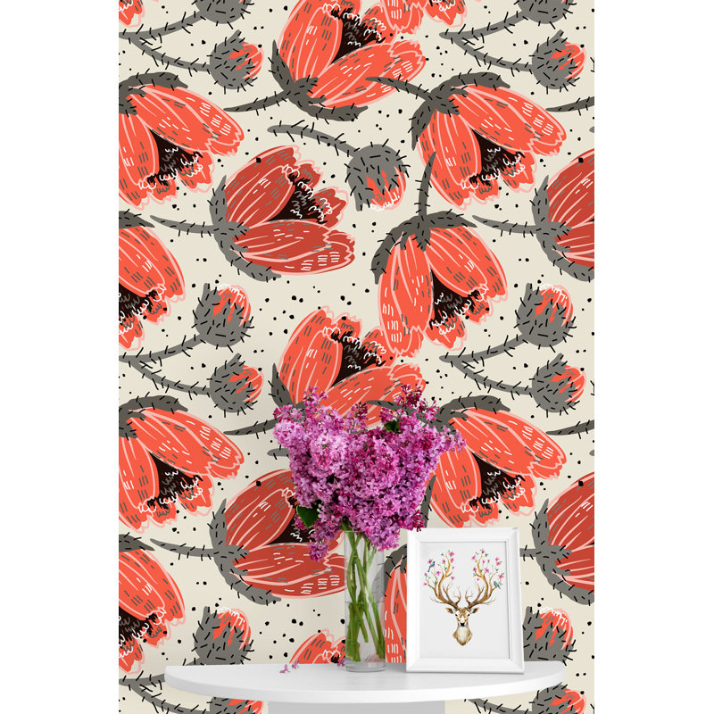 Panneau de papier peint à motif de coquelicots dessinés à la main Colville, L 100 po x l 25 po