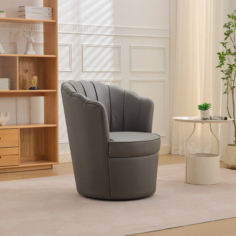 Chaise pivotante à pétales grise - base en métal pivotant à 360 °, fauteuil de bureau à oreilles en cuir véritable grain supérieur, siège de bureau incurvé à conception cannelée