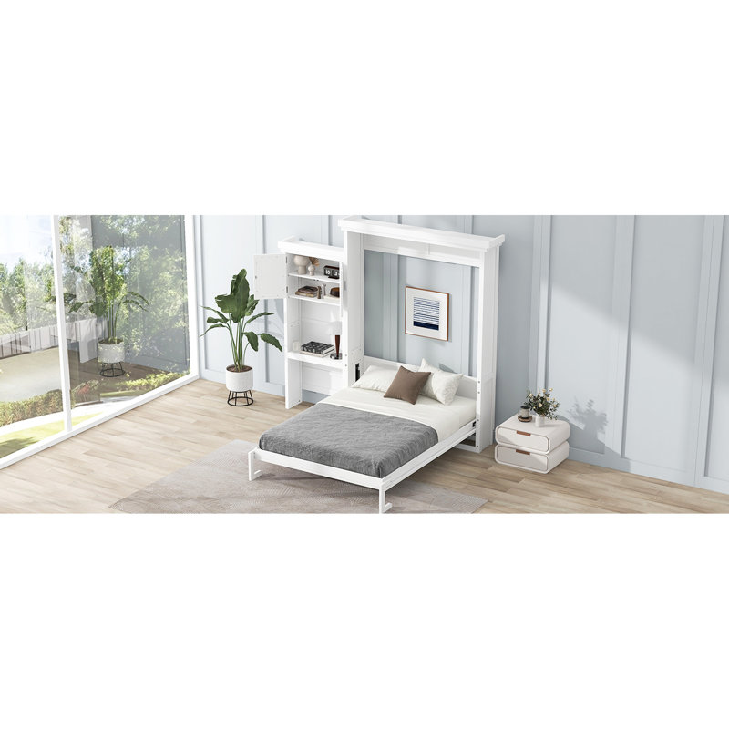 Grand lit, blanc, lit peu encombrant, style persienne et structure en pin