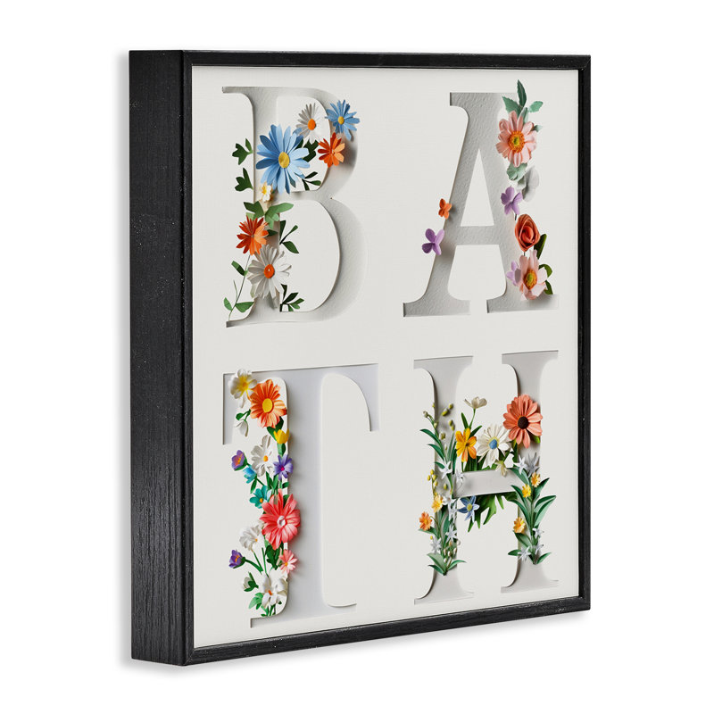 Impression florale typographique de bain floral, conception de Susan Arnot, Giclée encadrée noir minuit, H 12 po x l 12 po