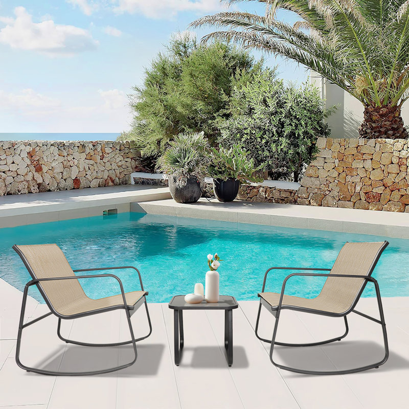 Ensemble de conversation d'extérieur 2 personnes avec chaises berçantes et table basse en verre Tandeka, Kaki