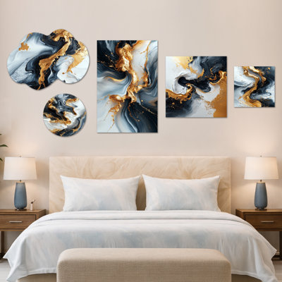 Ensemble de 5 pièces Geode Gold & Black Marpe Shape II - Blue Abstract Wall Decor, impression sur toile et métal (100 po x 40 po)