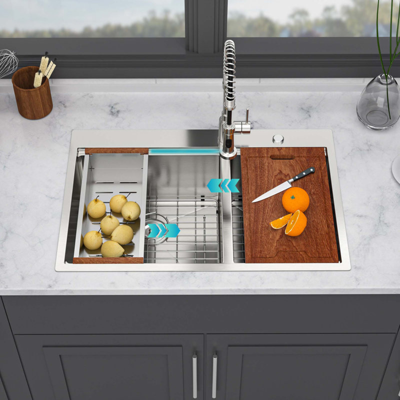 33"x 22" x 10" Double Bowl (60/40) Kitchen Sink 16 Gauge with Two 10" Deep Basin, Brushed Nickel - Topmount Drop in Kitchen Sink
