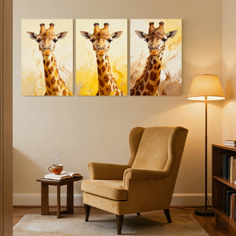 Portrait d'animaux girafe sur fond abstrait, ensemble de 3 reproductions d'art sur toile, H 30 po x l 60 po