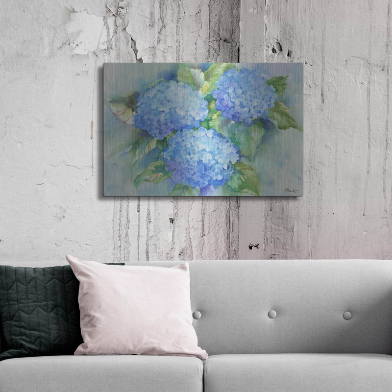 «Sky Blue Hydrangea» par Paul Brent, art mural en métal, 24 po x 16 po, H 24 po x l 36 po