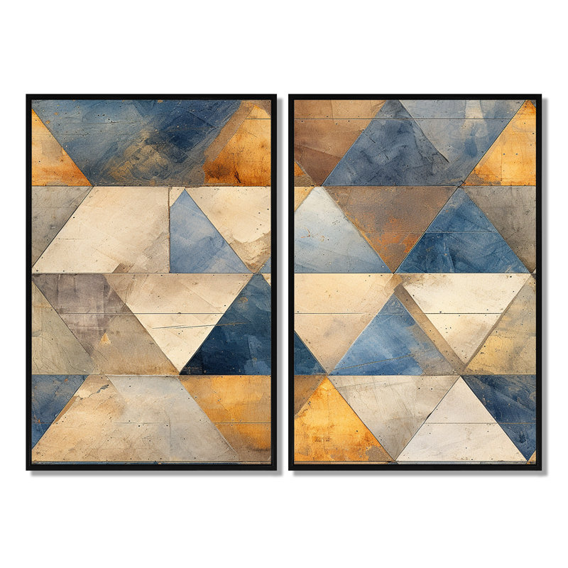 Mosaïque de triangles beiges et bleus - art mural moderne 2 pièces, Noir, H 36 po x l 48 po, Impression encadrée flottante