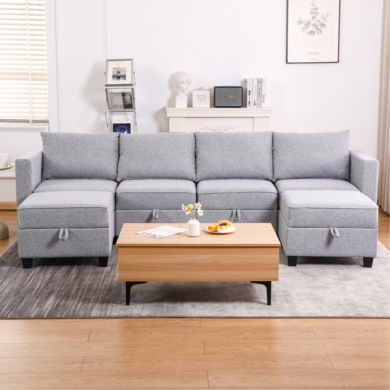 Canapé modulaire convertible modulaire avec siège de rangement Canapé modulaire en U à 4 places avec méridienne réversible modulaire tissu gris clair