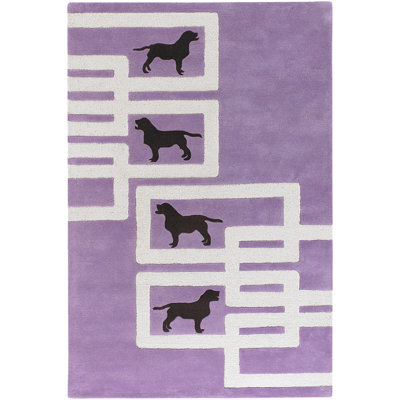 Tapis d'intérieur en laine Valencia authentique, fait main, tufté à la main, avec silhouette de chien noir et lignes géométriques blanches sur fond rose-violet.