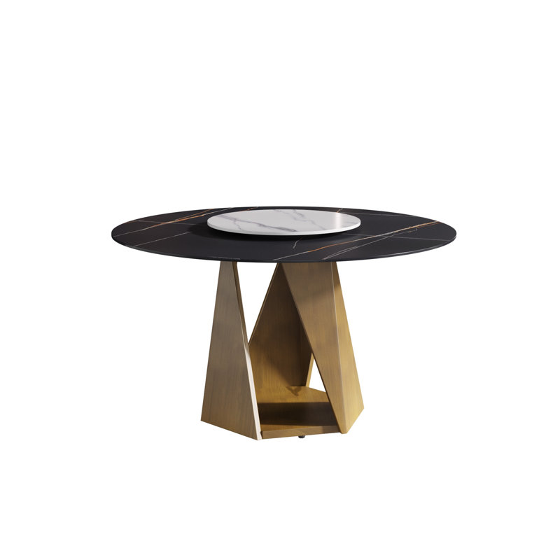 Table de salle à manger ronde 53 po en pierre frittée avec base en métal bronze, Black/White/Gold