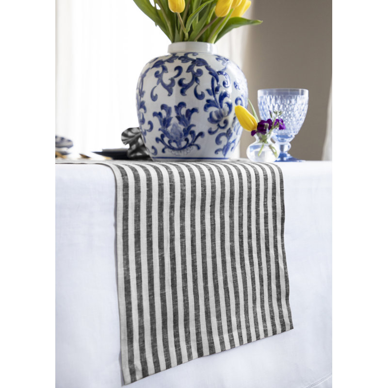 Cabana Stripe - 100% Pure Linen Table Runner, 108" x 14", Black/White
