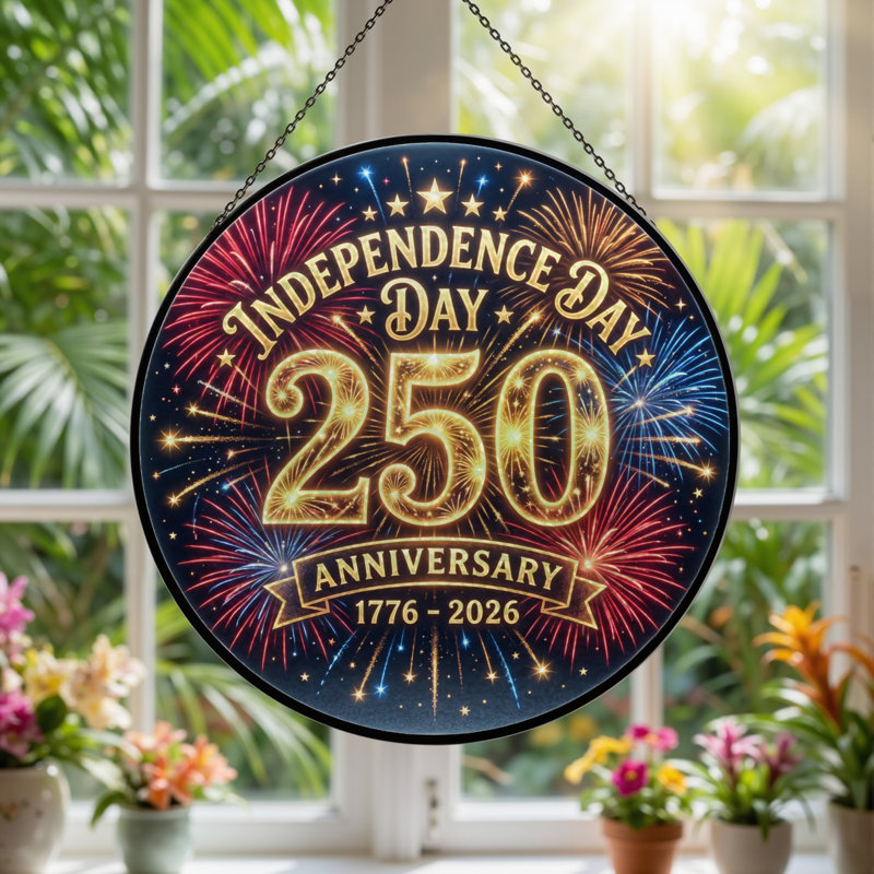 Panneau de fenêtre en verre pour décoration intérieure Fireworks Stars USA 250th Anniversary - 7,8H, H 7,8 po