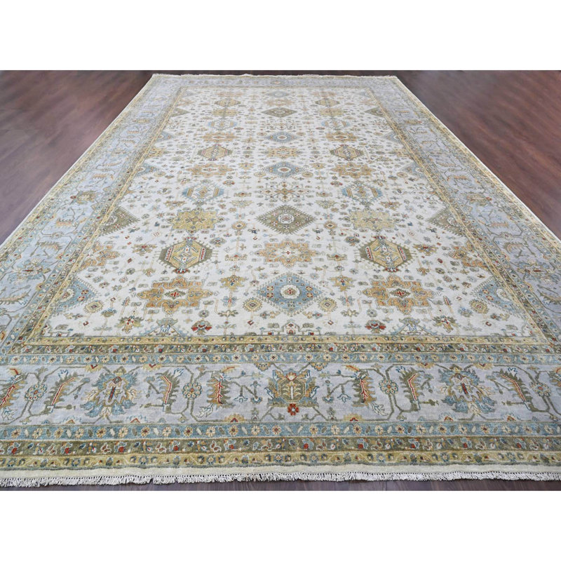 Tapis ivoire noué à la main de conception unique 11 pi 10 po x 17 pi 10 po New Age Trintin