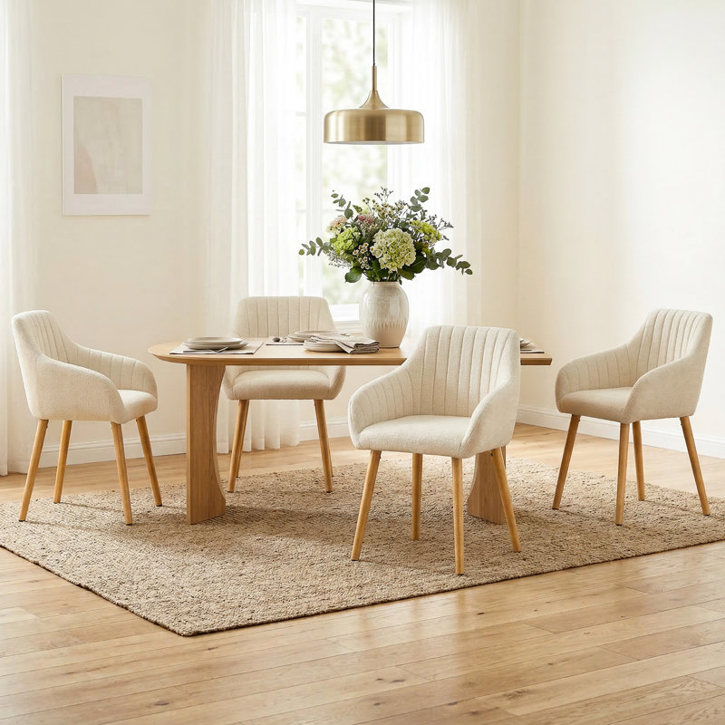 49.5cm H Upholstered Dining Chairs With Wooden Legs, 4, Cream Chenille/Natural