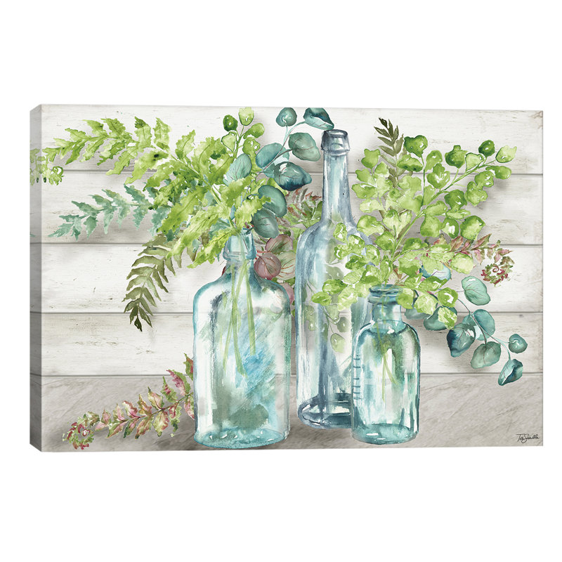 Vintage Bottles And Ferns Landscape by Bottles And Ferns Landscape - Wrapped Canvas Painting