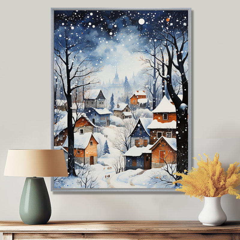 Harmony of Winter Village IV - Décoration murale paysage d'hiver, H 20 po x l 12 po x P 1 po, Encadrement argenté
