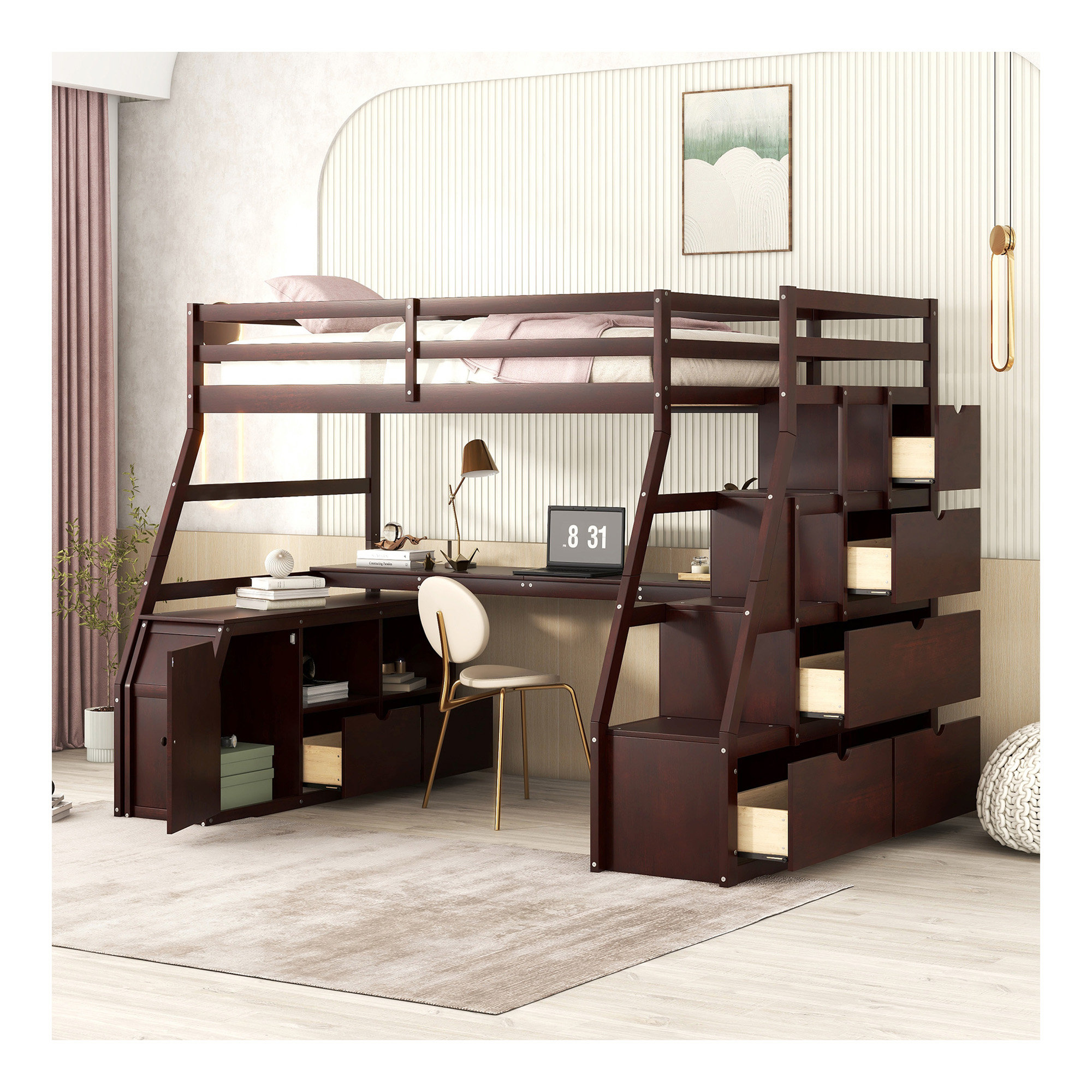 Harriet Bee Full Size Loft Bed With 7 Drawers 2 Shelves And Desk - Gray ...