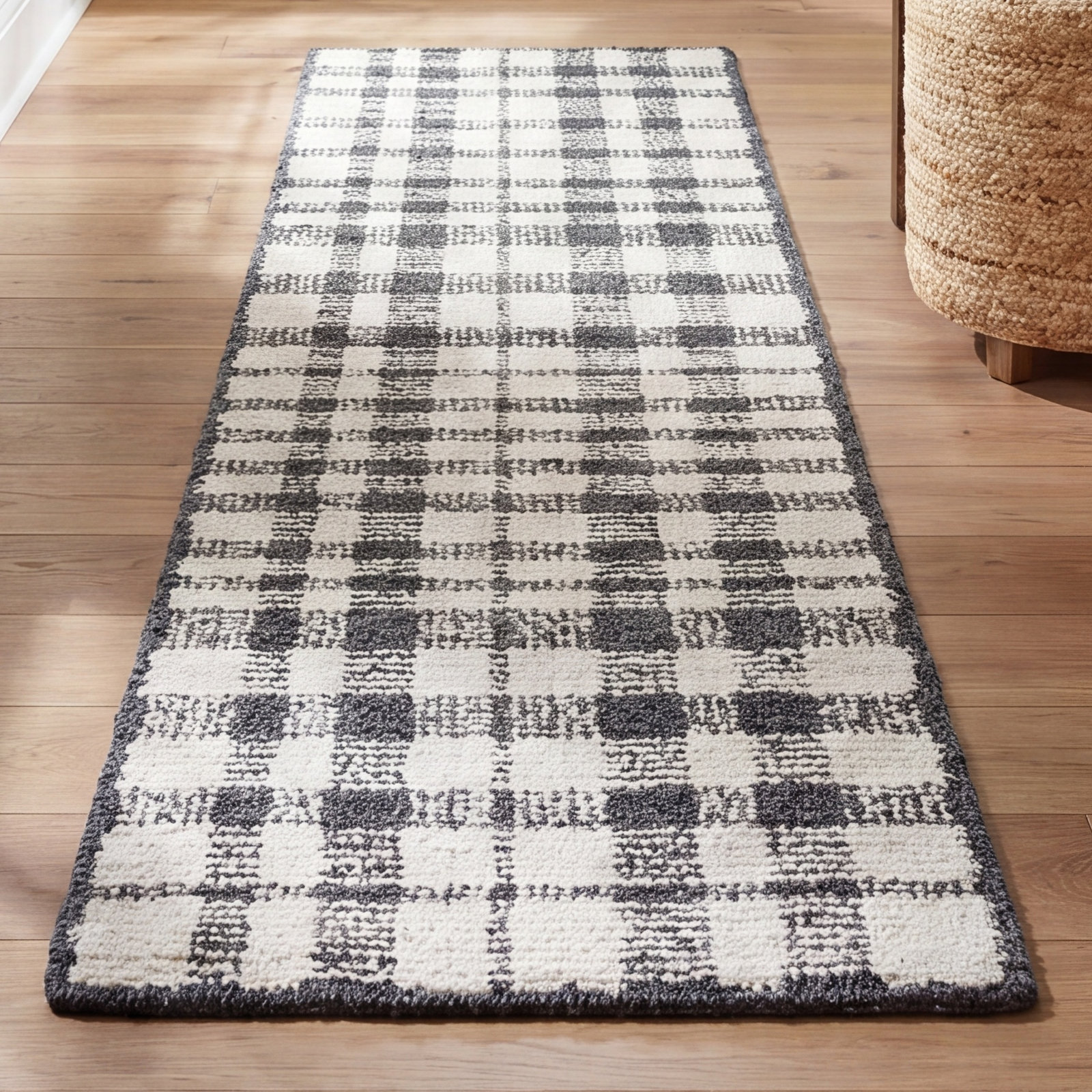 Ivory Black Hand-Tufted Plaid Rug, Runner 2'3" x 8'