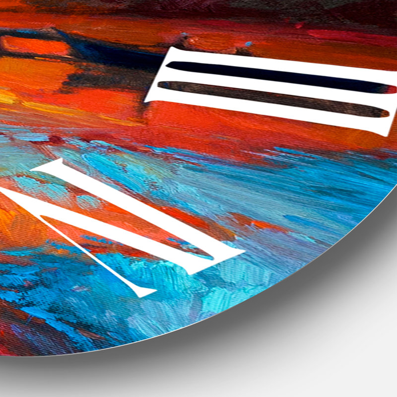 Petit bateau pendant un coucher de soleil rouge foncé - horloge murale nautique et côtière, Grand