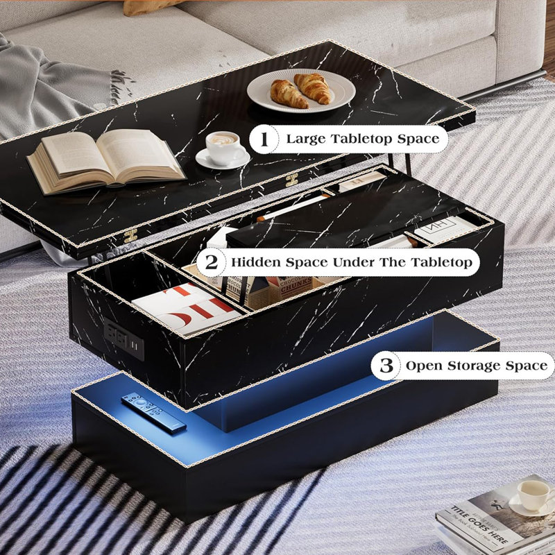 3 in 1 Multifunctional Coffee Table with Hidden Compartments, Black