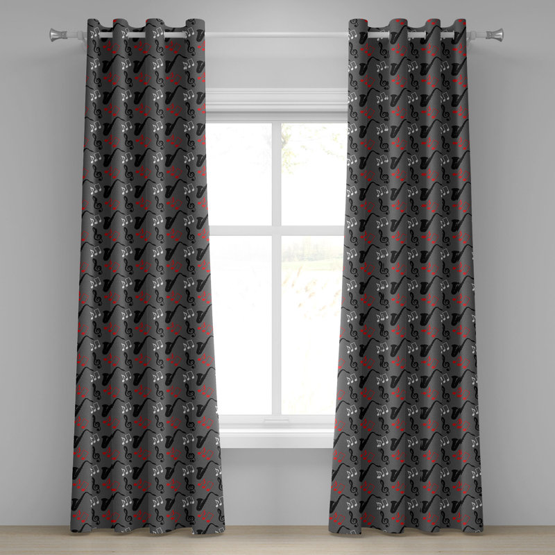 East Urban Home Jazz Music Grommet Curtain Decorative 2-Panel Window Drapes, 50"x96", Grey Black Red, 50" W x 108" L