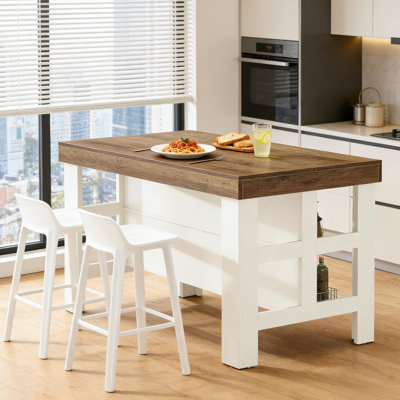 Comptoir de cuisine qui offre des tablettes doubles ouvertes et une grande surface pour les petites fournitures - 2 places assises en hauteur, s'adapte à différents espaces, îlot en bois d'ingénierie brun blanc avec beaucoup de rangement