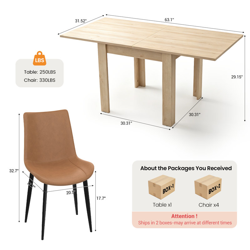 Ensemble de table de salle à manger extensible 5 pièces pour table de salle à manger 4,31,5 "-62,9" Aurik, Brown