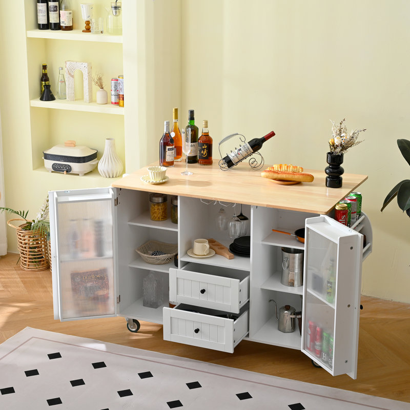 Chariot de rangement mobile pour cuisine avec plateau rabattable, 2 tiroirs, placard de porte, porte-serviettes, tablette à épices, fabrication blanche et bois d'hévéa, surface de travail de chariot roulant de 48,78 po de profondeur, compartiment