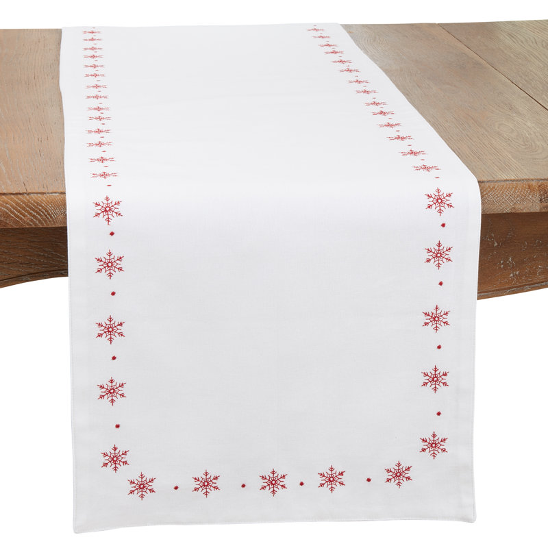 Red Cotton Winter Snowflake Embroidered Table Runner