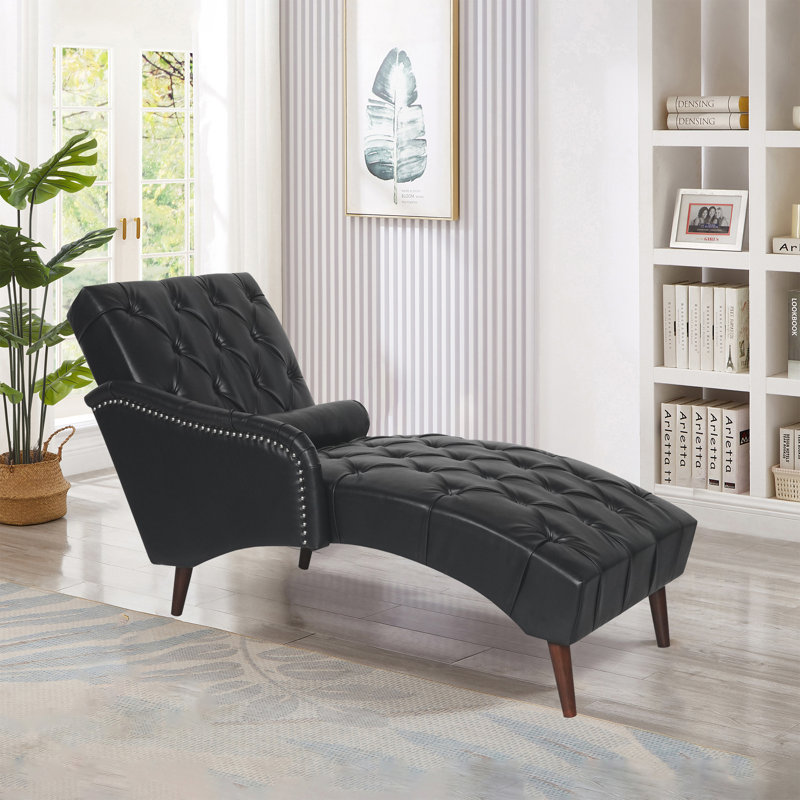 Chaise longue rembourrée en similicuir rembourrée à un bras de 25 po Tyannia avec coussin lombaire et garniture cloutée, Noir