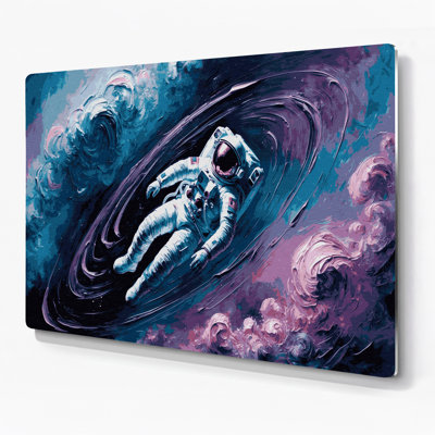 SciFi Astronaut floating in colorful nebula Gray Metal Wall Art