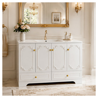 Armoire de salle de bain blanche sculptée de style français 48 po, armoire de rangement abondante, 4 portes à fermeture douce et 2 tiroirs