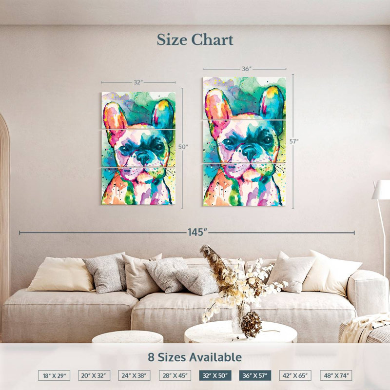 Bouledogue français, peinture, éclaboussures, 3 pièces, H 50 po x l 32 po x P 1,25 po