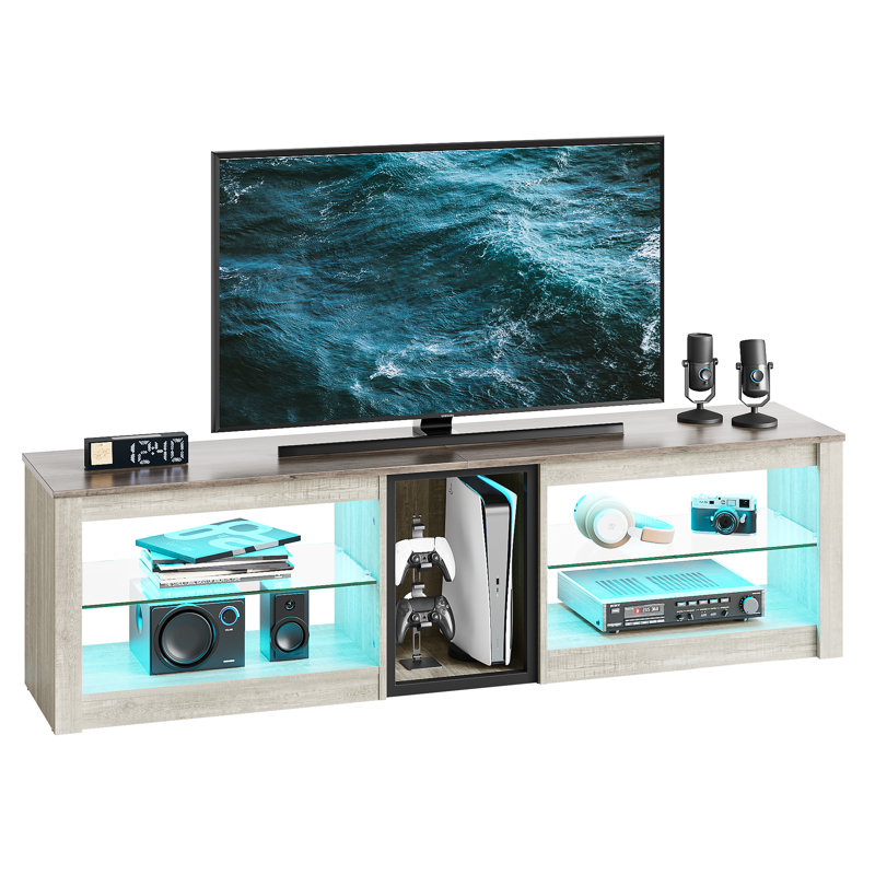 Jakameron TV Stand with LED Lights, Gaming Media Console with Glass Shelves, White Wash