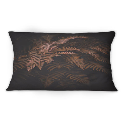 Brown Monochrome Fern Plant On Black - Tropical Printed Throw Pillow 1