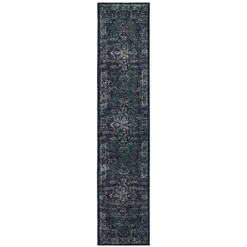 Tapis de couloir oriental bleu et brun 2 pi x 10 pi résistant aux taches