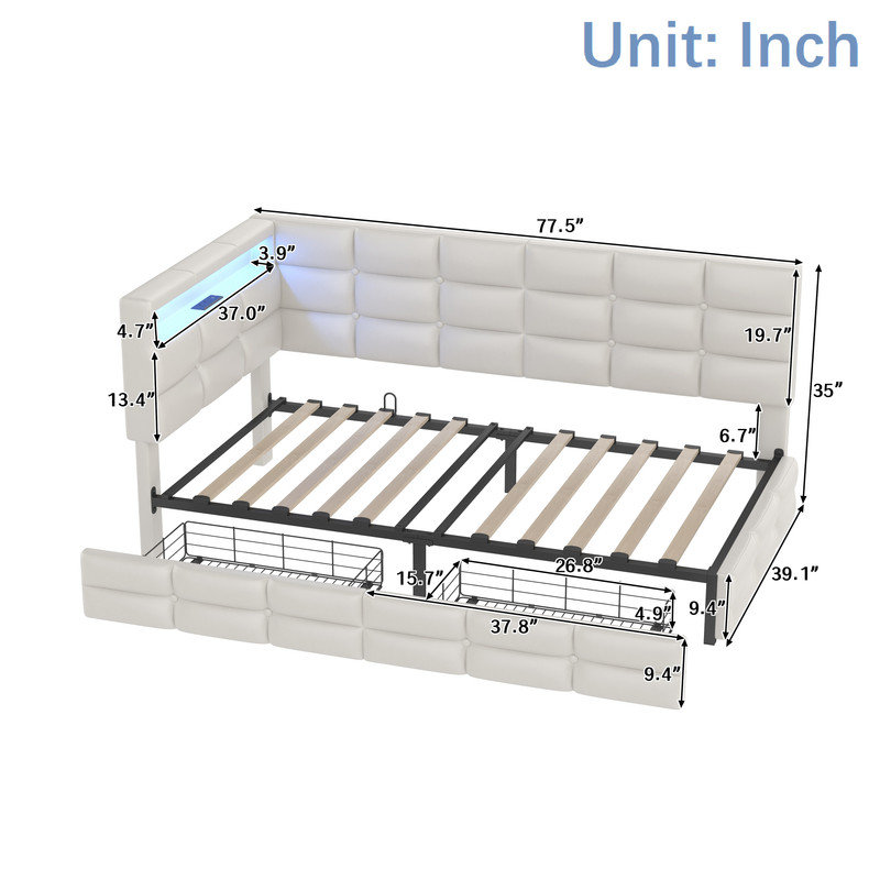 Upholstered Twin Daybed with Drawers, Beige
