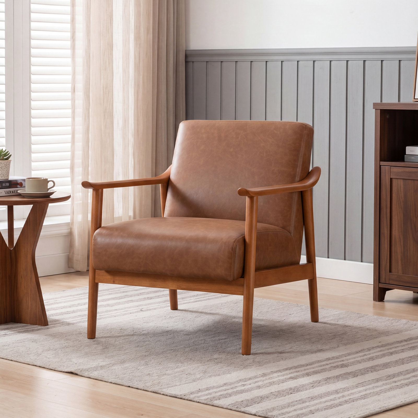 Mid Century Modern Solid Wood Armchair, Brown